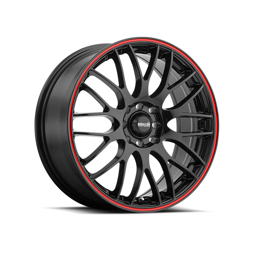 Maxxim Maze Alloy Wheel 17x7 ET40 5x100, 5x114.3 Gloss Black Red Stripe 73.1mm CB