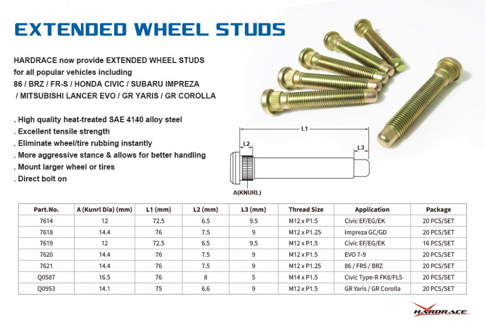 Hardrace Extended Wheel Studs M12 x 1.25 Toyota GT86 Subaru BRZ 20 Pack