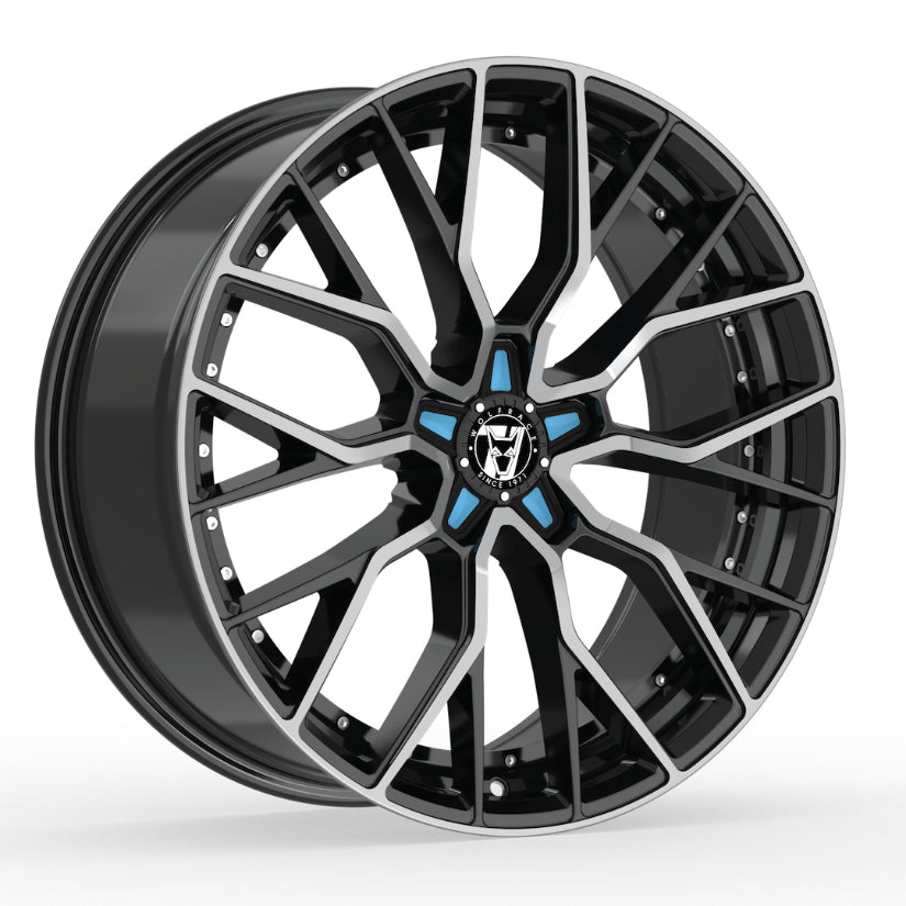 Wolfrace 71 Munich GTR Alloy Wheel 19x8.5 ET40 5x112 Gloss Raven Black Polished Blue Inserts 110mm CB