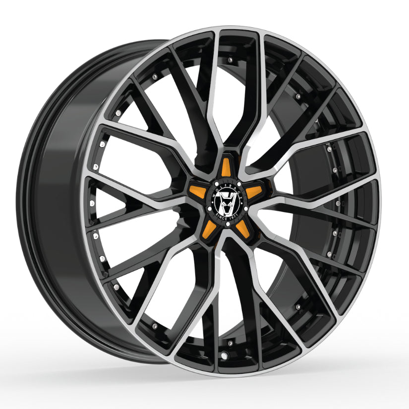 Wolfrace 71 Munich GTR Alloy Wheel 19x8.5 ET40 5x120 Gloss Raven Black Polished Orange Inserts 110mm CB