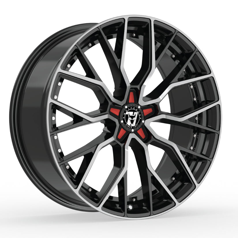 Wolfrace 71 Munich GTR Alloy Wheel 19x8.5 ET40 5x114 Gloss Raven Black Polished Red Inserts 110mm CB