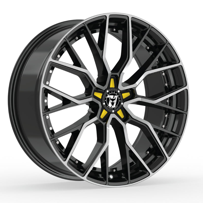 Wolfrace 71 Munich GTR Alloy Wheel 19x8.5 ET40 5x120 Gloss Raven Black Polished Yellow Inserts 110mm CB
