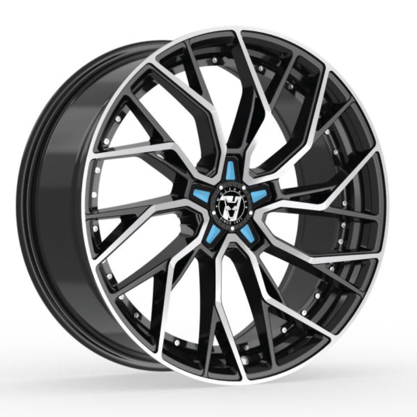 Wolfrace 71 Voodoo Alloy Wheel 20x8.5 ET38 5x114 Gloss Raven Black Polished Blue Inserts 110mm CB