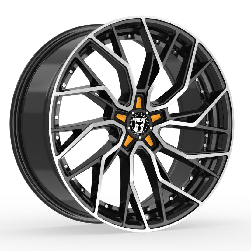 Wolfrace 71 Voodoo Alloy Wheel 20x8.5 ET38 5x115 Gloss Raven Black Polished Orange Inserts 110mm CB