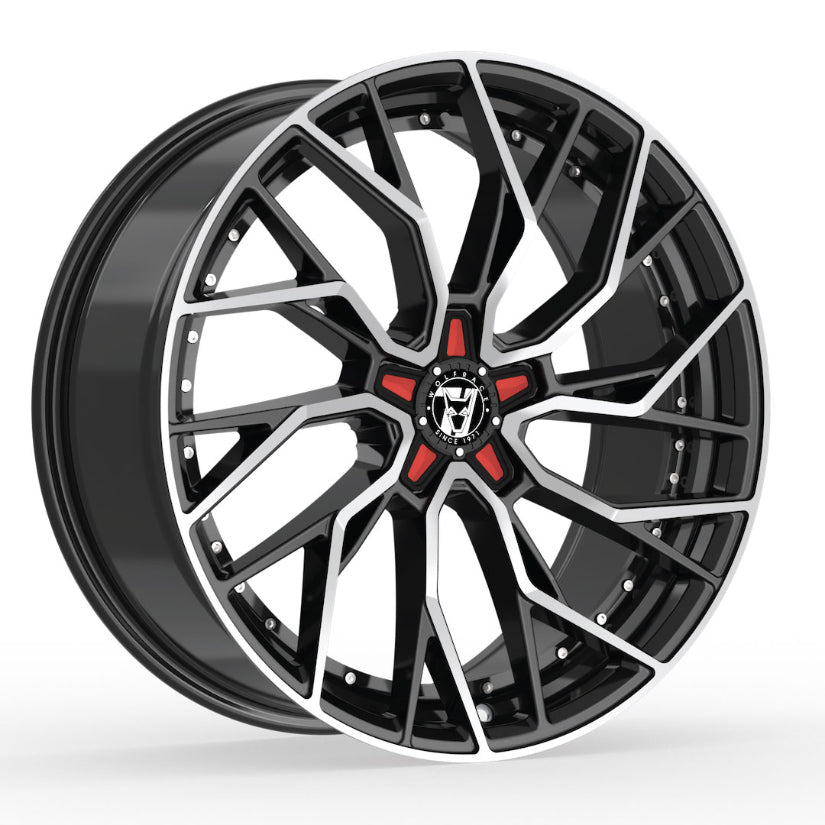 Wolfrace 71 Voodoo Alloy Wheel 20x8.5 ET38 5x108 Gloss Raven Black Polished Red Inserts 110mm CB
