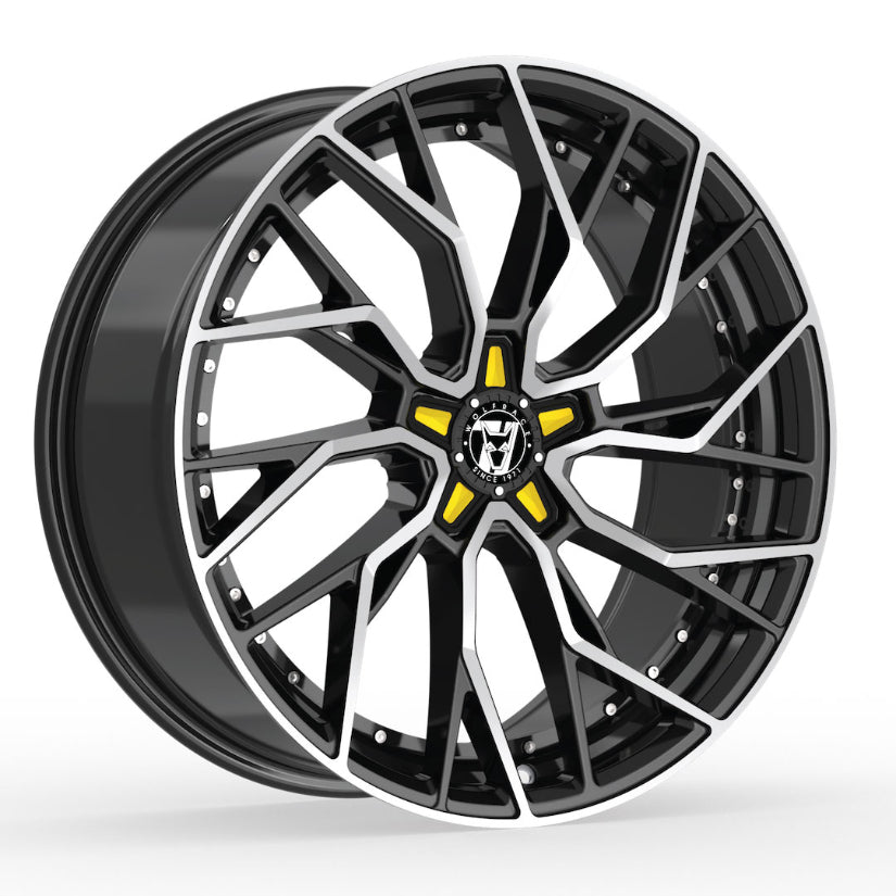 Wolfrace 71 Voodoo Alloy Wheel 20x8.5 ET38 5x112 Gloss Raven Black Polished Yellow Inserts 110mm CB