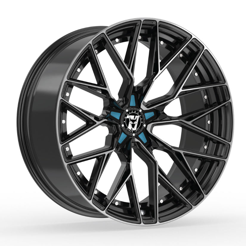 Wolfrace 71 Wolfsburg GTR Alloy Wheel 18x8.5 ET38 5x120 Gloss Raven Black Polished Blue Inserts 110mm CB