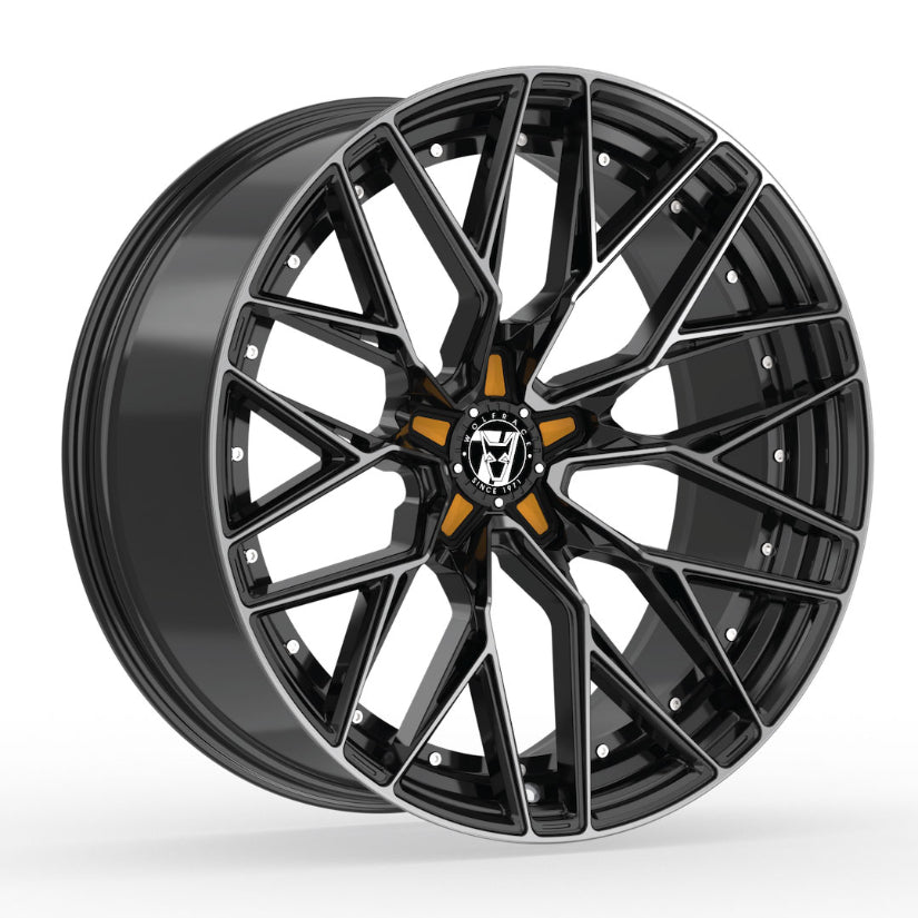 Wolfrace 71 Wolfsburg GTR Alloy Wheel 18x8.5 ET38 5x112 Gloss Raven Black Polished Orange Inserts 110mm CB