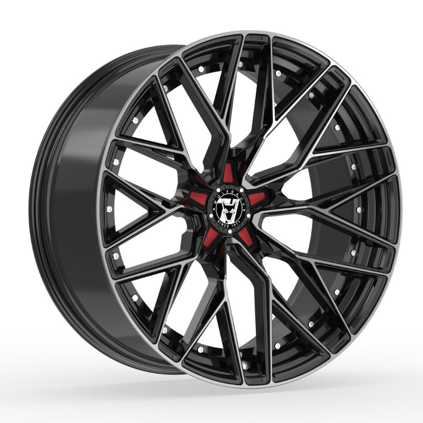 Wolfrace 71 Wolfsburg GTR Alloy Wheel 18x8.5 ET38 5x120 Gloss Raven Black Polished Red Inserts 110mm CB